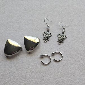 Silver Tone Mixed Earring Set - Turtle Drop, Hoop & Triangle Stud Posts